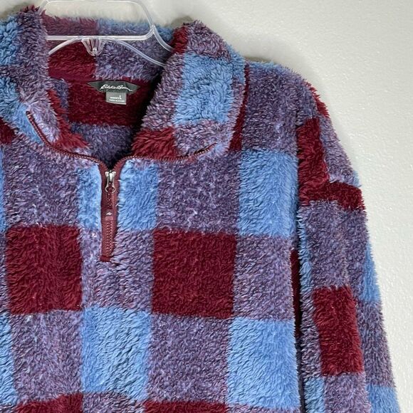 Eddie Bauer Blue Red Plaid Quest Fleece Quarter Zip Pullover Size Large - Picture 11 of 16